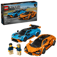 Set LEGO con coches azul y naranja Lamborghini Revuelto y Huracán STO