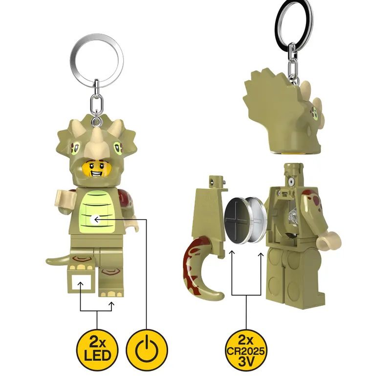 LED keychain with button and battery CR2025 3V shown on triceratops figure