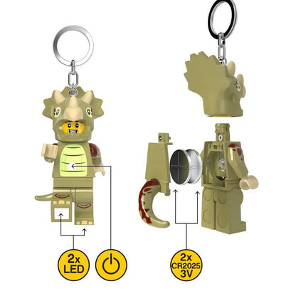 LED keychain with button and battery CR2025 3V shown on triceratops figure