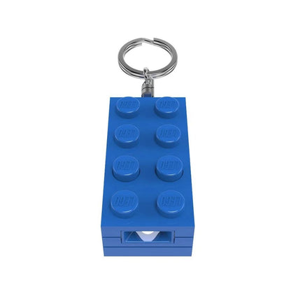 Blue LEGO 2x4 keychain light brick with metal keyring and front light window
