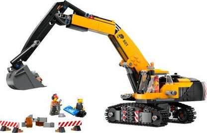 Gelber Bagger mit Schaufel, Ausleger und Kettenfahrwerk