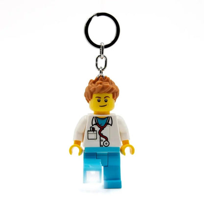 Light Doctor keychain toy: minifigure doctor with white coat, stethoscope, blue pants