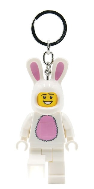 Light Bunny keychain figure with pink ears, yellow face, pink suit, and metal key ring