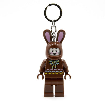 Chocolate bunny keychain with minifigure-style rabbit, bow tie and patterned outfit