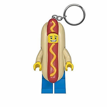 Hot Dog Man Schlüsselanhängerfigur mit roter Hotdog-Grafik, gelben Händen, blauem Körper