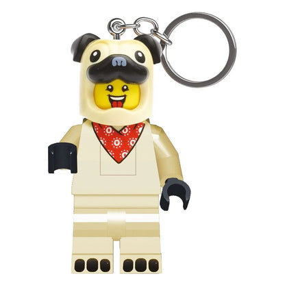 Pug design light keychain with keyring; cream outfit, black ears