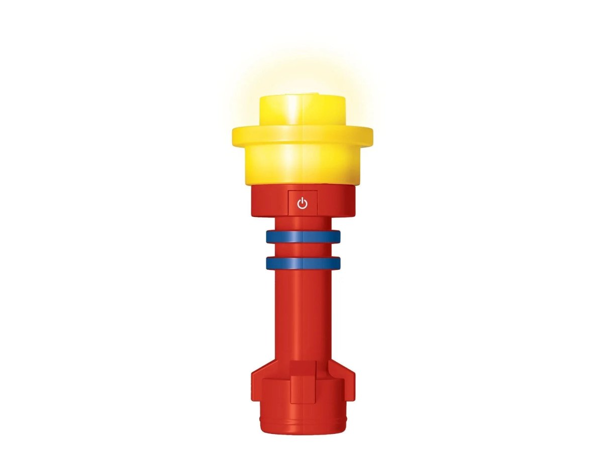 Blue and red LED flashlight with yellow top and circular power button