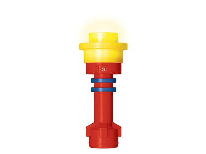 Blue and red LED flashlight with yellow top and circular power button