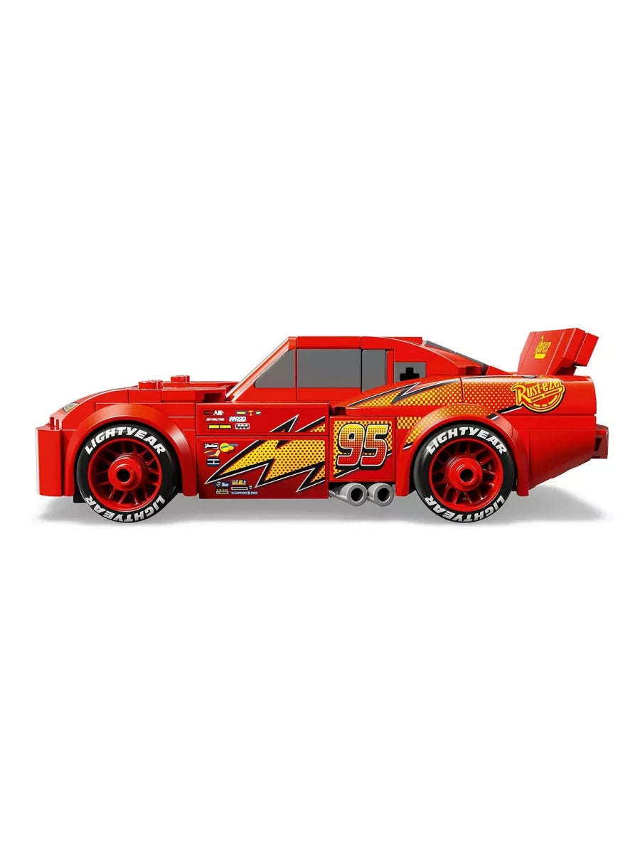 Red Lightning McQueen LEGO race car model with number 95, side view