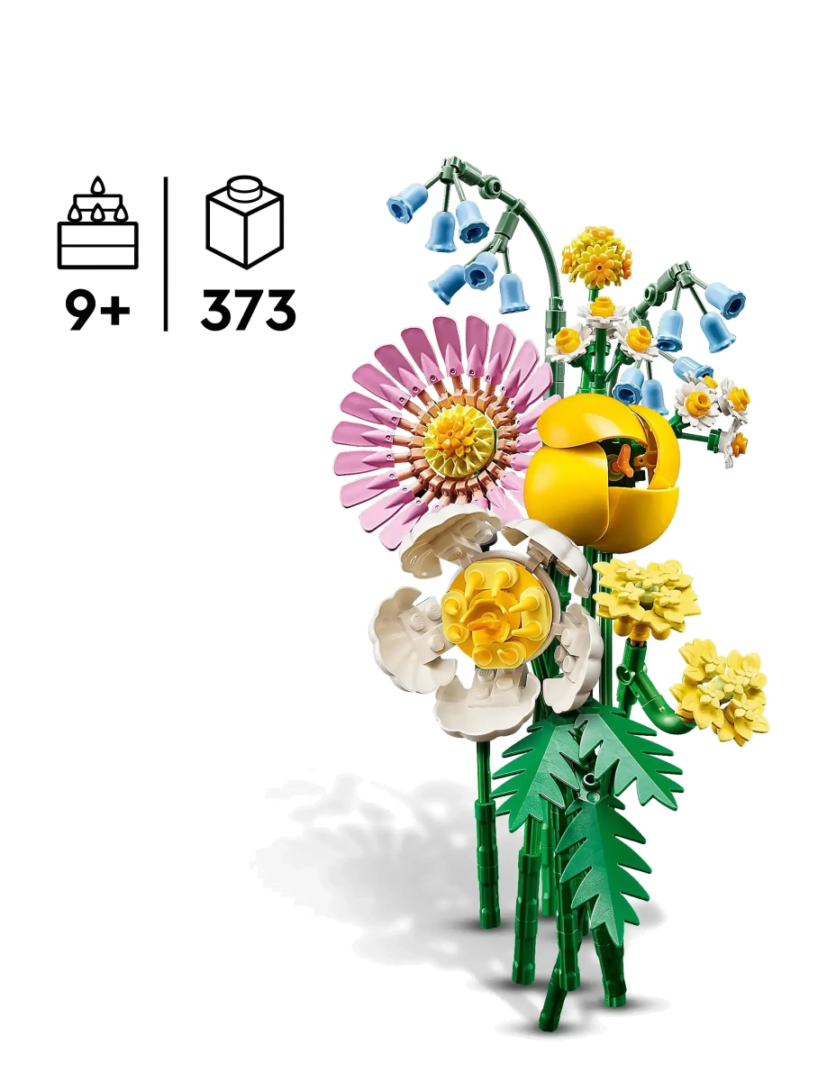 Flower bouquet model with yellow vase, pink daisy, green stems; 9+ and 373 pcs