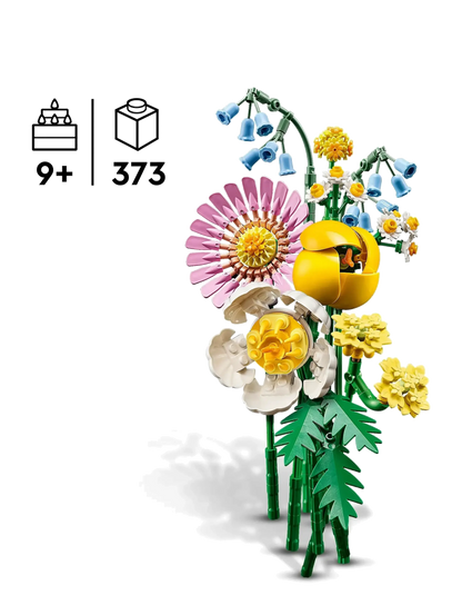 Flower bouquet model with yellow vase, pink daisy, green stems; 9+ and 373 pcs