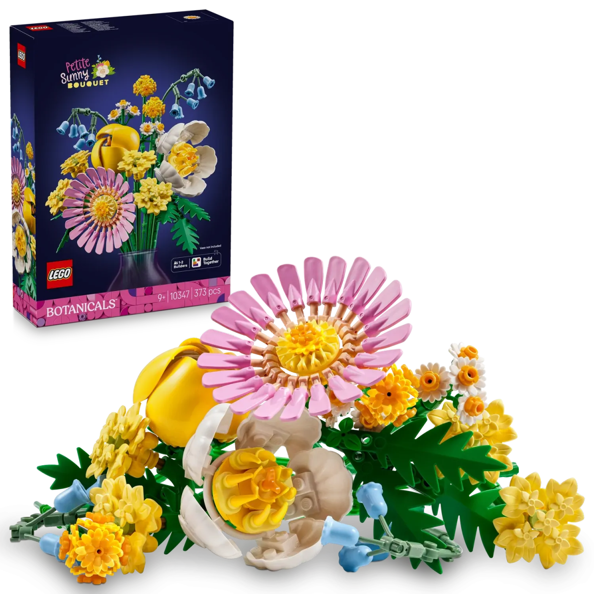 Sunny Bouquet set: pink daisy, yellow blooms, green leaves and stems