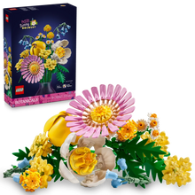 Sunny Bouquet set: pink daisy, yellow blooms, green leaves and stems