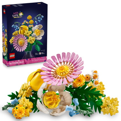 Sunny Bouquet set: pink daisy, yellow blooms, green leaves and stems