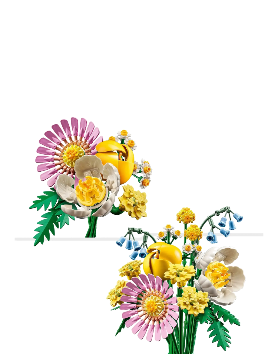 Bouquet view with yellow vase, purple-pink daisy, yellow flowers and green stems