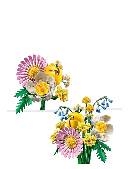 Bouquet view with yellow vase, purple-pink daisy, yellow flowers and green stems
