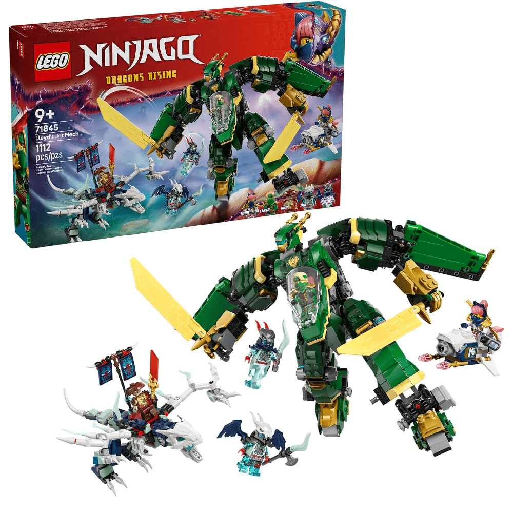 Lloyd’s Jet Mech: grüner Jet-Mech mit gelben Flügeln, mehrere Ninjago-Figuren