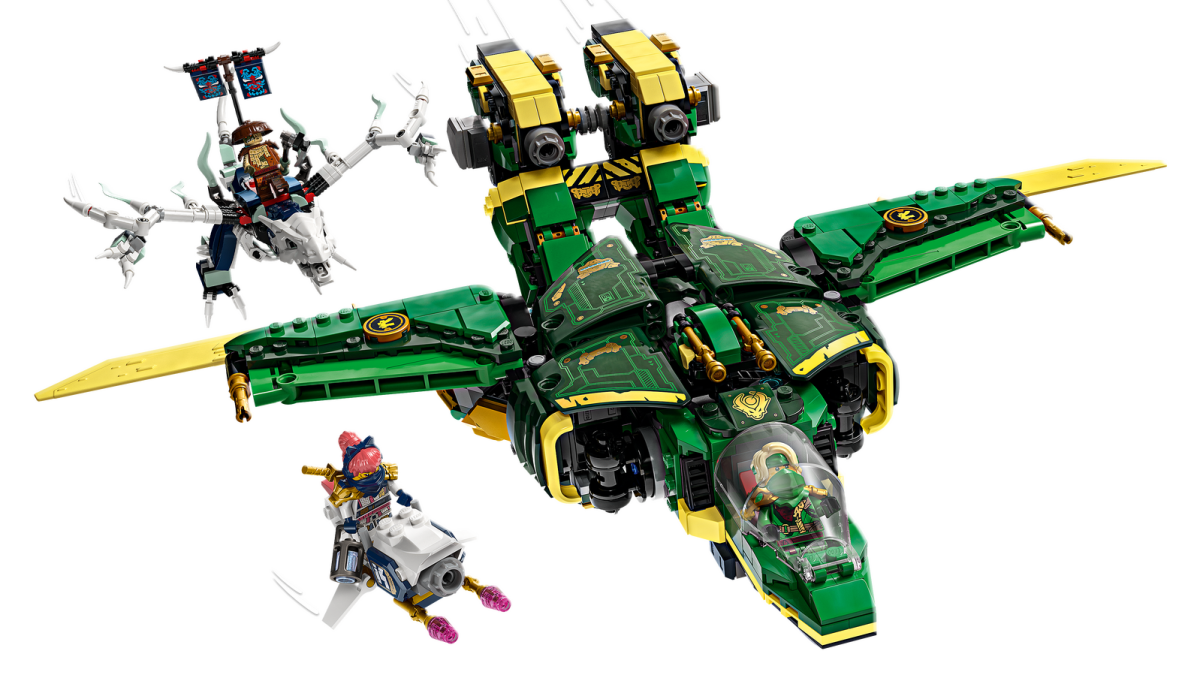 Grüner Jet-Mech mit gelben Flügeln, geöffnetem Cockpit und drei Ninjago-Figuren