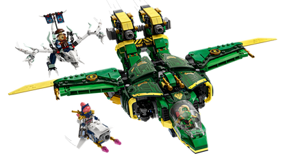 Grüner Jet-Mech mit gelben Flügeln, geöffnetem Cockpit und drei Ninjago-Figuren