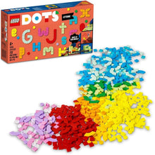 LEGO DOTS lettering set with colorful letter tiles and picture box