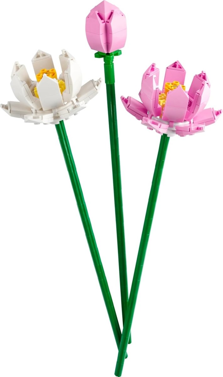 Three lotus flower pieces: pink and white heads with green stems