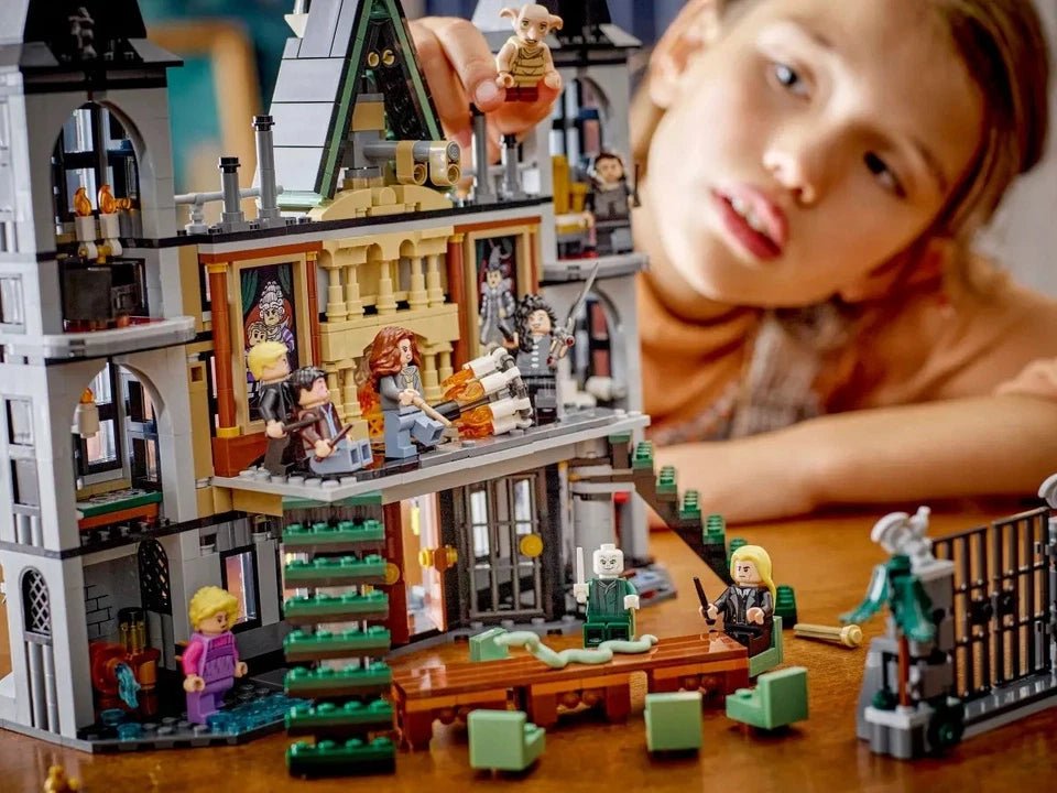 Malfoy Manor LEGO interior with balcony, windows, and minifigures on different levels