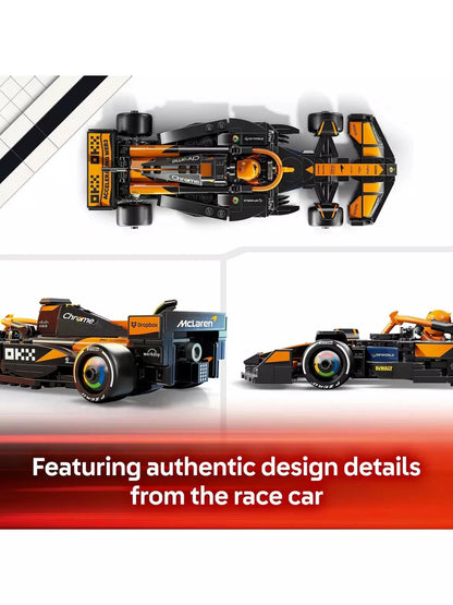 Orange-and-black LEGO Formula 1 race car model, rear and front wheels visible