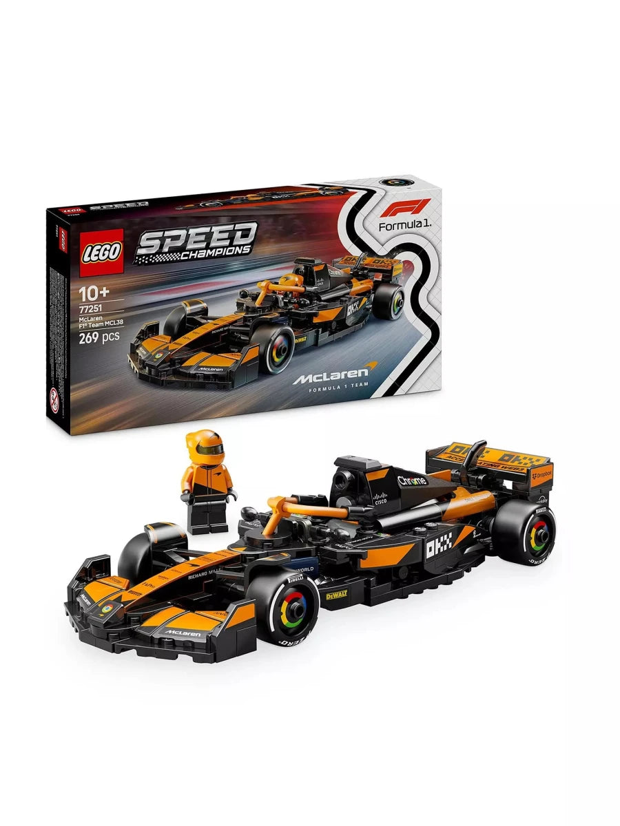 LEGO McLaren F1 MCL38 race car set in box, orange-and-black Formula 1 chassis