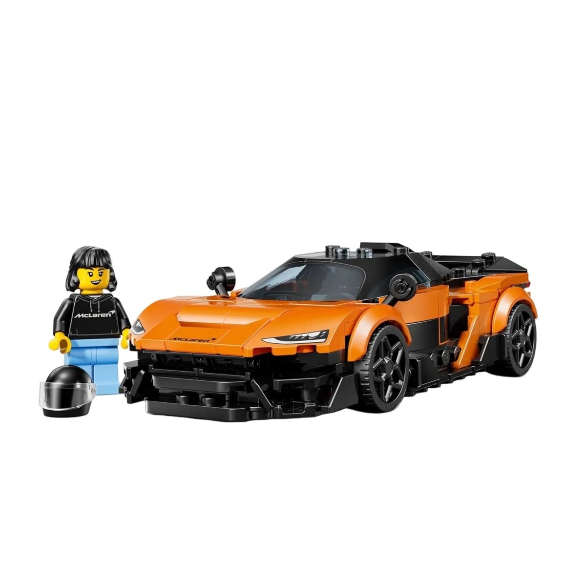 Orange and black McLaren W1 LEGO race car with minifigure, Speed Champions