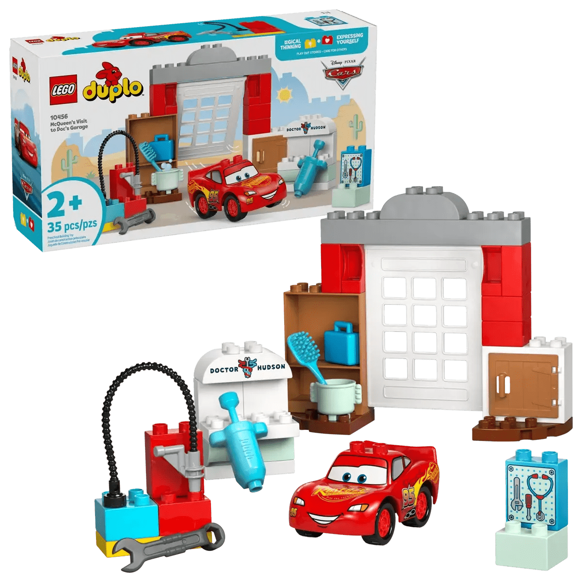 McQueens Garage-Set: rotes Auto, Werkbank, Arztstation und Türgebäude aus LEGO DUPLO