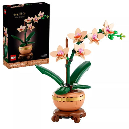 Mini Orchid Building Set von LEGO mit grünem Orchideenstängel, Blüten und braunem Topf