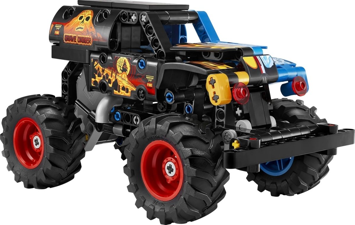 Monster Jam Grave Digger Fire and Ice Technic monster truck with red wheels and blue flames