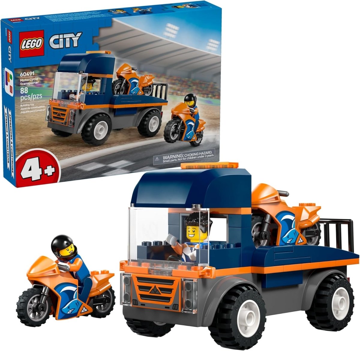 Motorcycle transporter set with ramp, minifigures and 2 sport motorcycles
