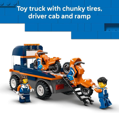 Motorcycle transporter toy truck with chunky tires, driver cab and loading ramp