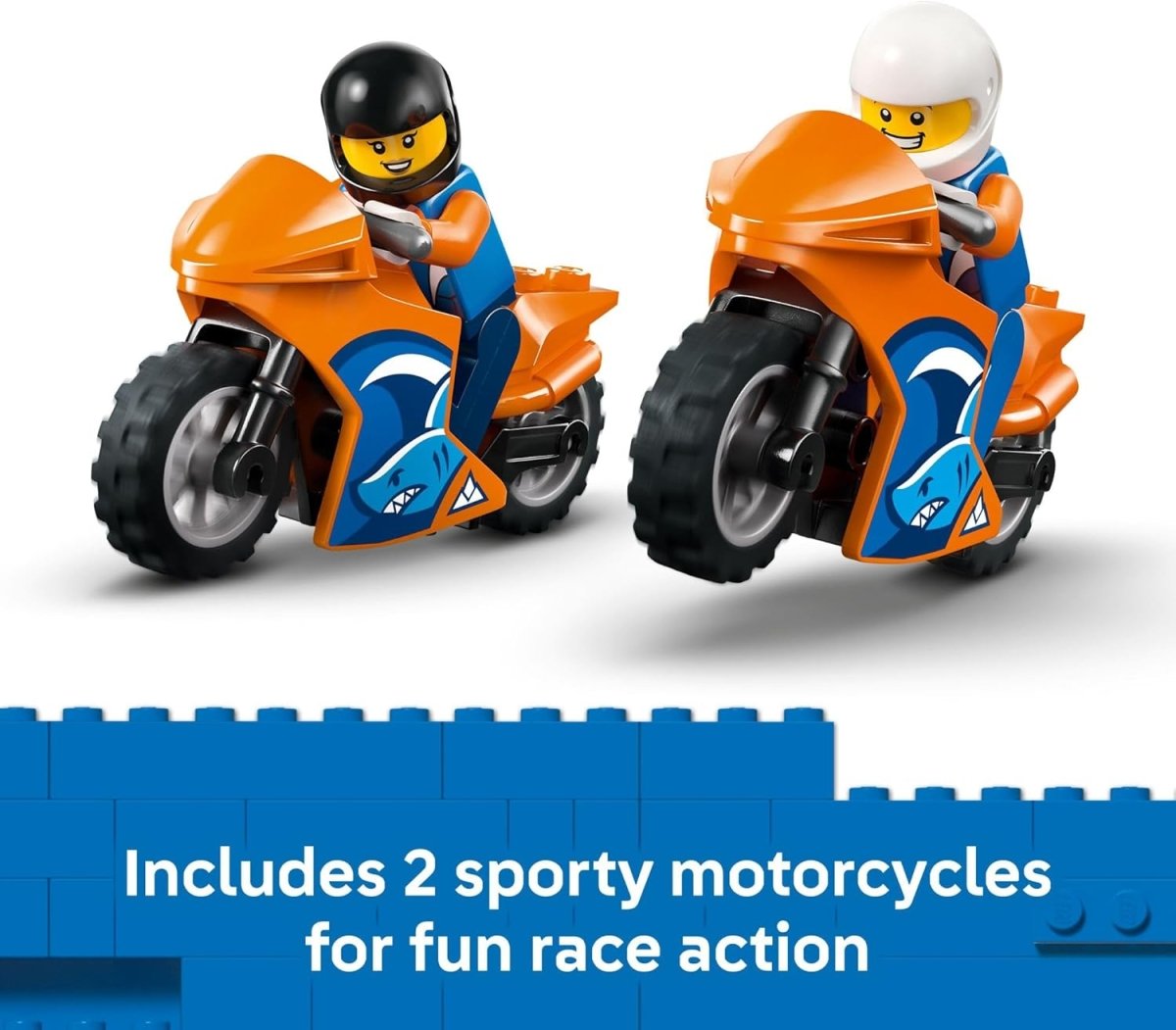 Two orange sport motorcycles with riders for the LEGO City set