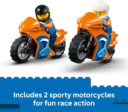 Two orange sport motorcycles with riders for the LEGO City set