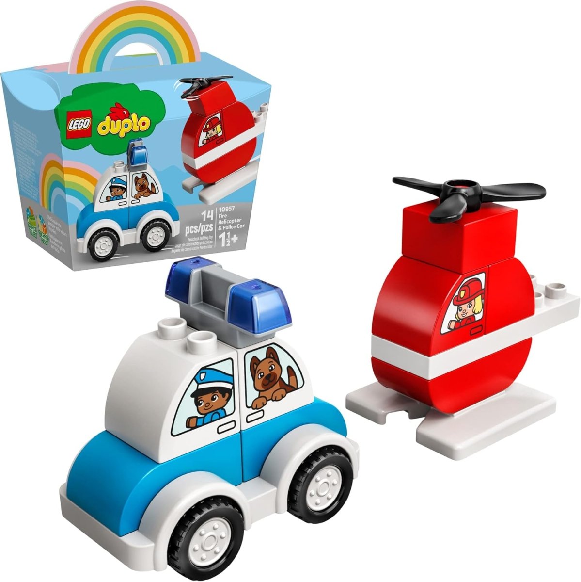 LEGO Duplo fire helicopter and police car toy set with blue police car and red helicopter