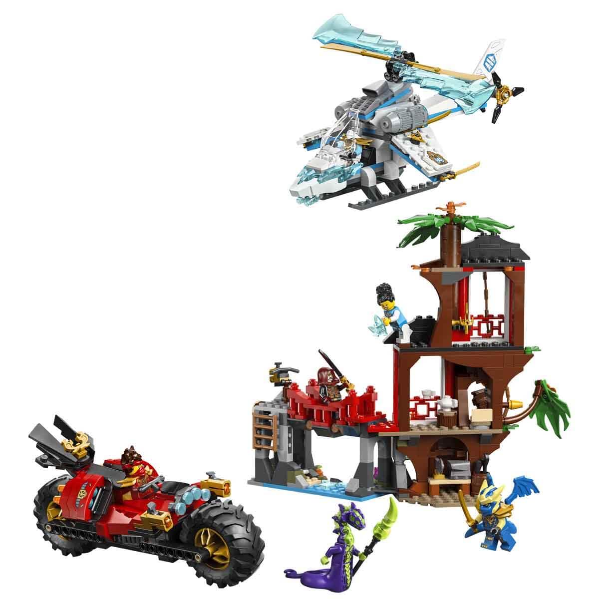 Blue jet-like vehicle with claws, red multi-level tree house and mini figures