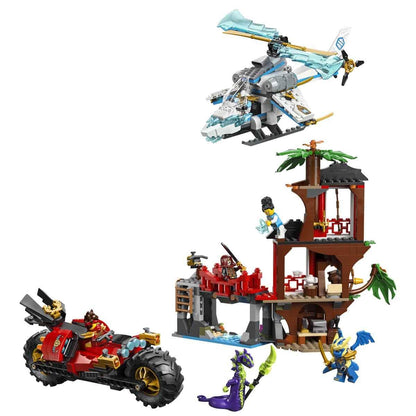 Blue jet-like vehicle with claws, red multi-level tree house and mini figures