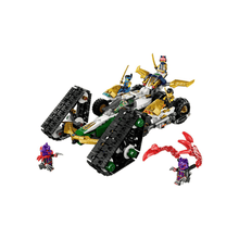 Combin crawler vehicle set with black, gold, and green build and three ninja minifigures.