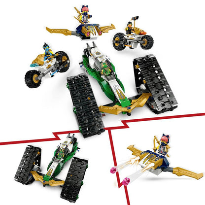 Combin crawler vehicle set with black and gold frame, green details, and four ninja minifigures.