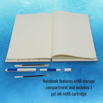 Open notebook with gel pen refills and refill storage pieces