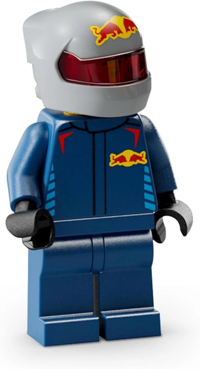 Blue driver minifigure with silver helmet and Red Bull logo, LEGO race suit