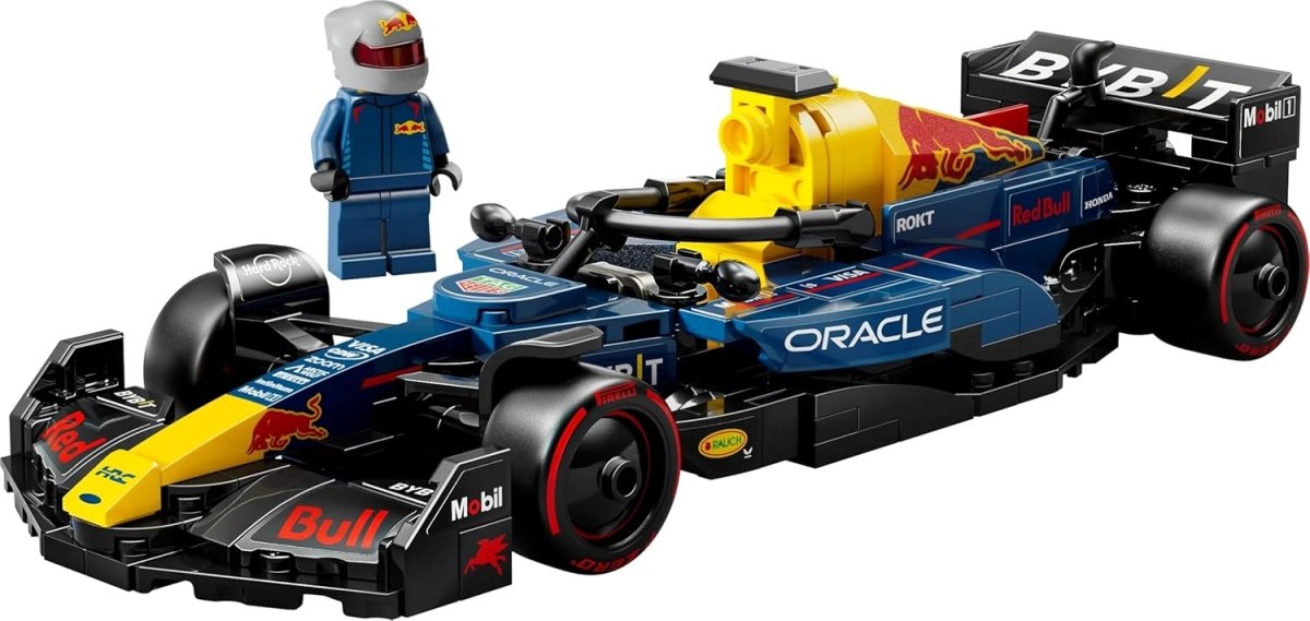 LEGO RB20 F1 race car model with yellow engine, blue body, Red Bull decals, driver