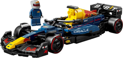 LEGO RB20 F1 race car model with yellow engine, blue body, Red Bull decals, driver