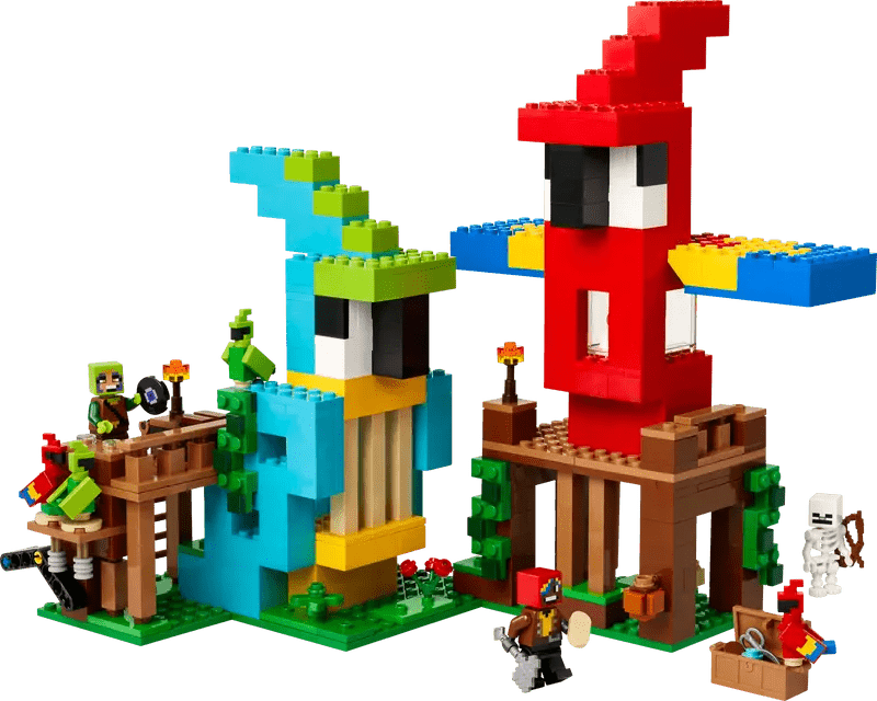 Papageien-Playset: großer roter Papagei und blau-grüner Papagei, umgeben von Holzplattformen