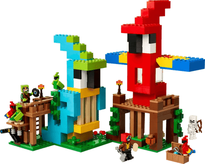 Papageien-Playset: großer roter Papagei und blau-grüner Papagei, umgeben von Holzplattformen