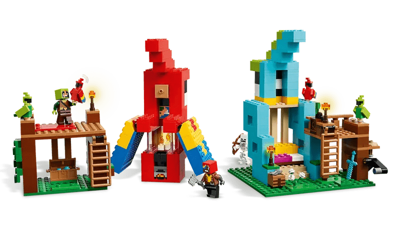 Zwei Minecraft Papageien-Modelle nebeneinander mit Zubehör und Minifiguren