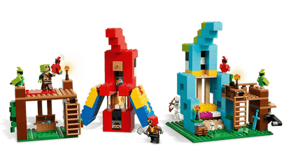 Zwei Minecraft Papageien-Modelle nebeneinander mit Zubehör und Minifiguren