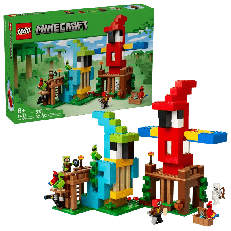 Jungle-Playset mit roten und blauen Papageien auf braunen Bäumen, inkl. Minifiguren